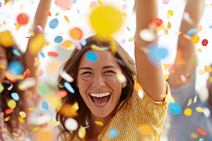 Joyful woman smiling and celebrating, a Person Photo by MistyDay