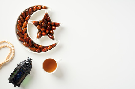 Ramadan Kareem concept. Flat lay composition with dried dates, Arabic lantern,, a Holiday Photo by photoguns