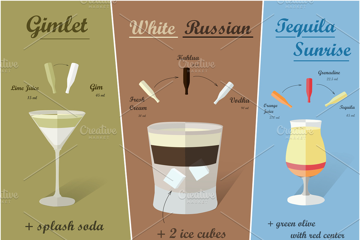 Cocktail recipes, vector, a Food Illustration by OS