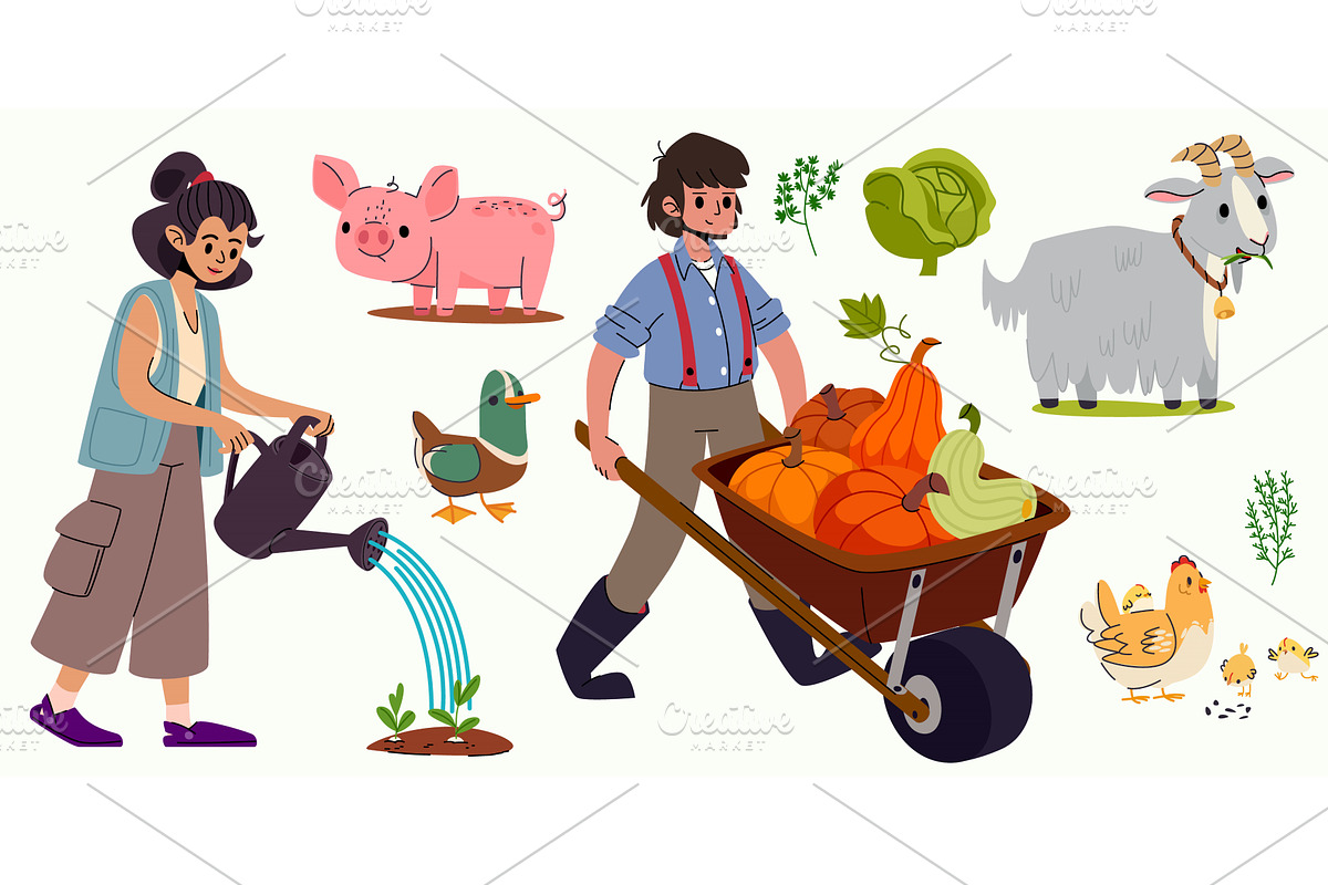 Farm garden workers and animals set, an Animal Illustration by art PVP - market