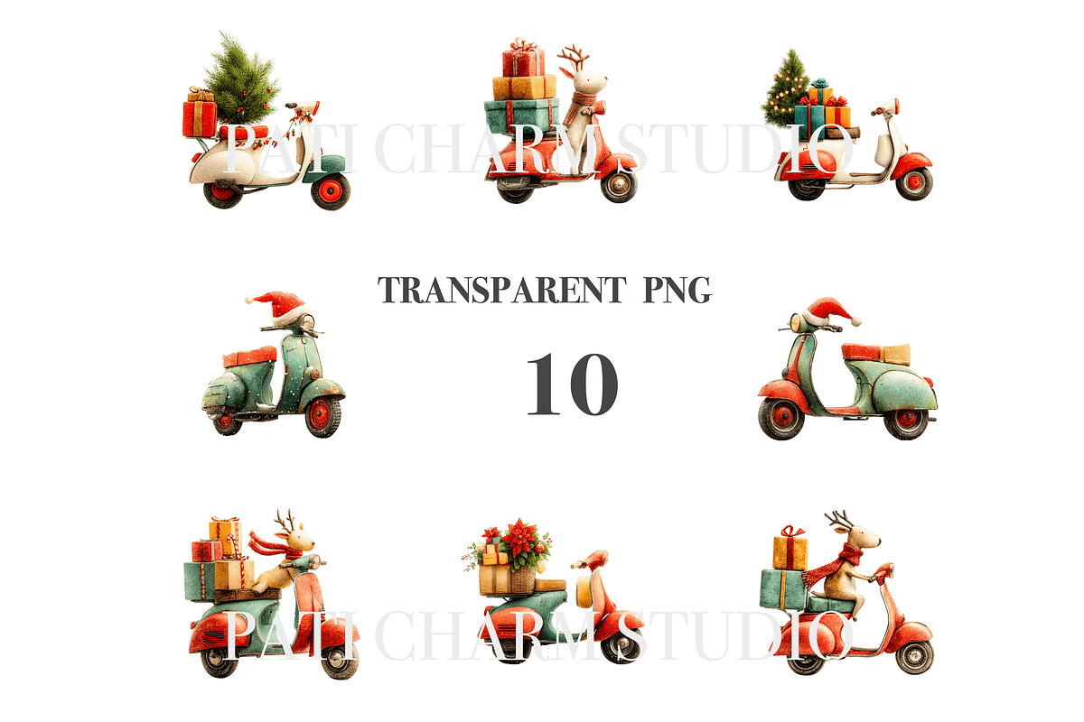 Christmas Scooter Clipart Set, a Decorative Illustration by Pati Charm Studio (Photo 3 of 8)