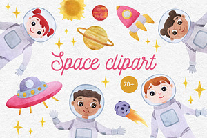 Watercolor space clipart with planet