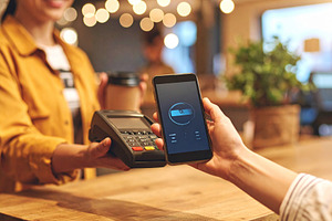 Person at a cozy café uses his smartphone to make a contactless, a Technology Photo by DanFLCreativo
