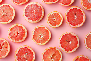 Pattern of fresh sliced grapefruits on pink background, a Food & Drink Photo by AlyaAnd