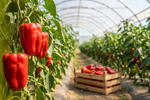 Ripe red bell peppers growing, a Food & Drink Photo by Volff