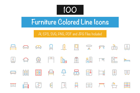 100 Furniture Colored Line Icons preview 3