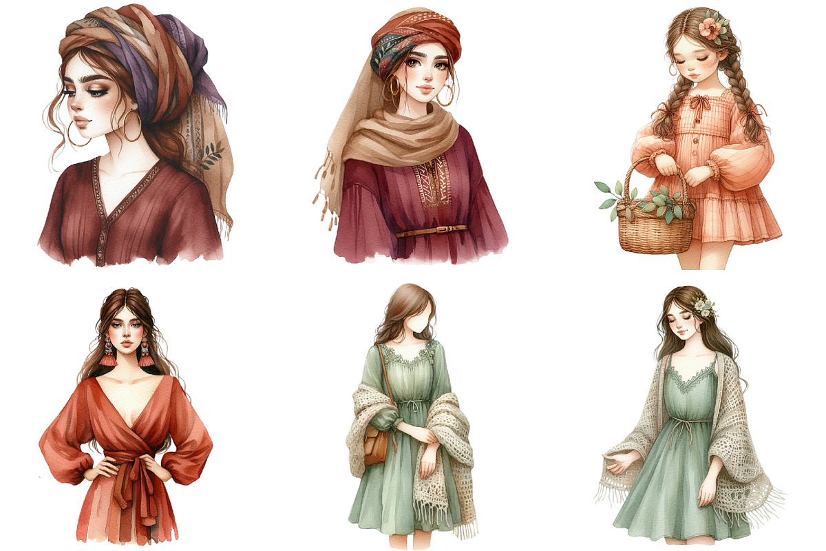 Watercolor Boho Girls Clipart, an Illustration by Libby Wishes (Photo 2 of 6)
