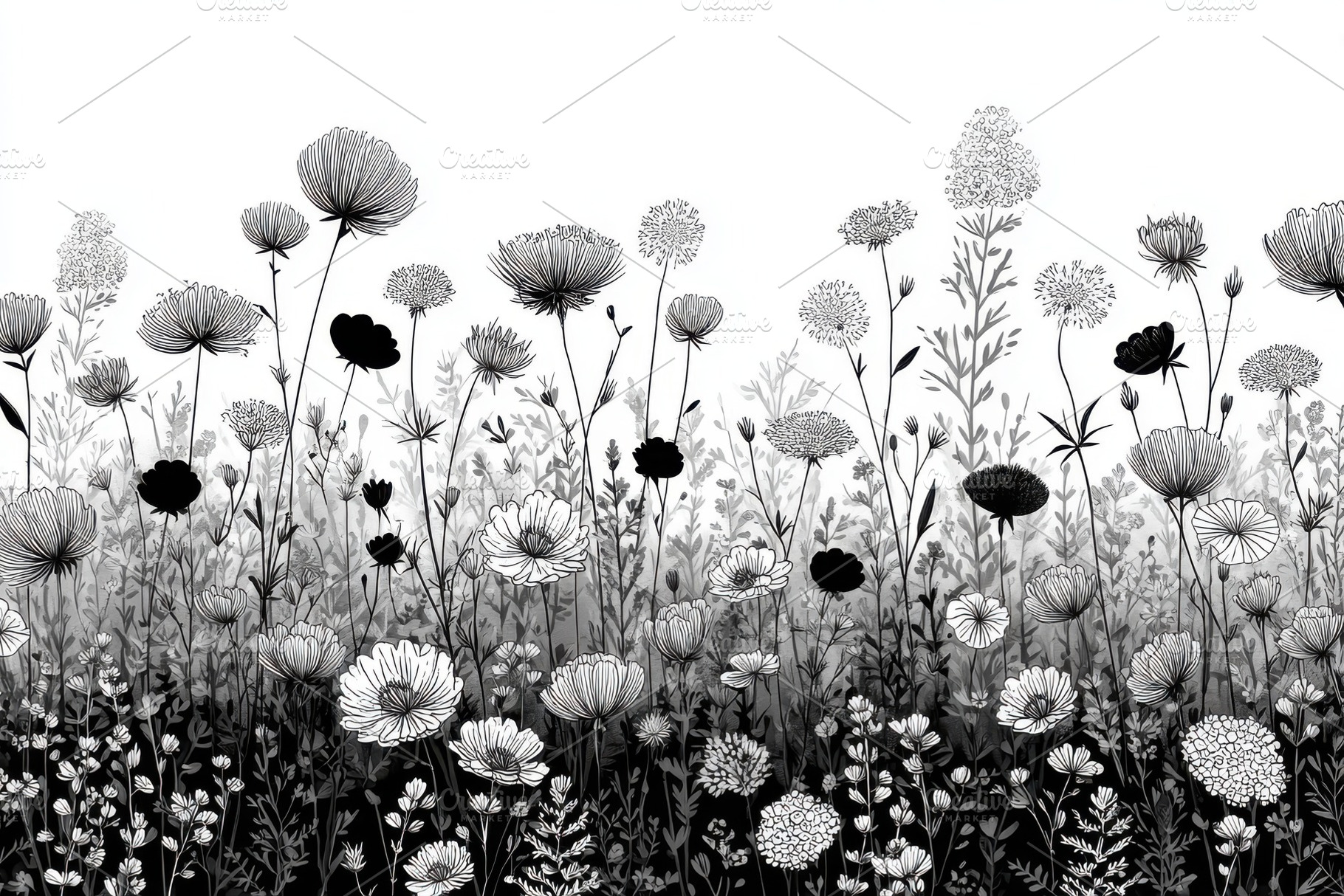 Monochrome Wildflower Meadow Botanic, a Photo by Pixeness Studio