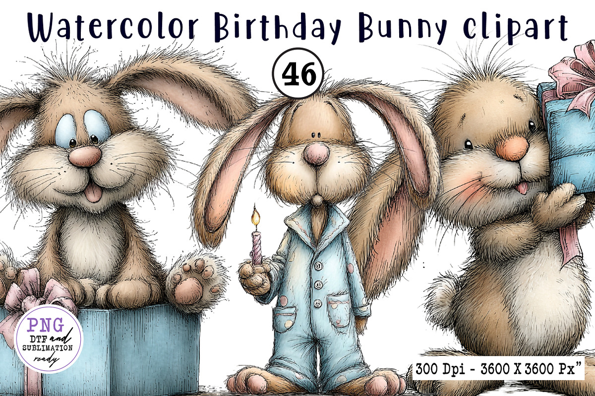 Watercolor Birthday Bunny Clipart, an Animal Illustration by CreationArt (Photo 8 of 14)