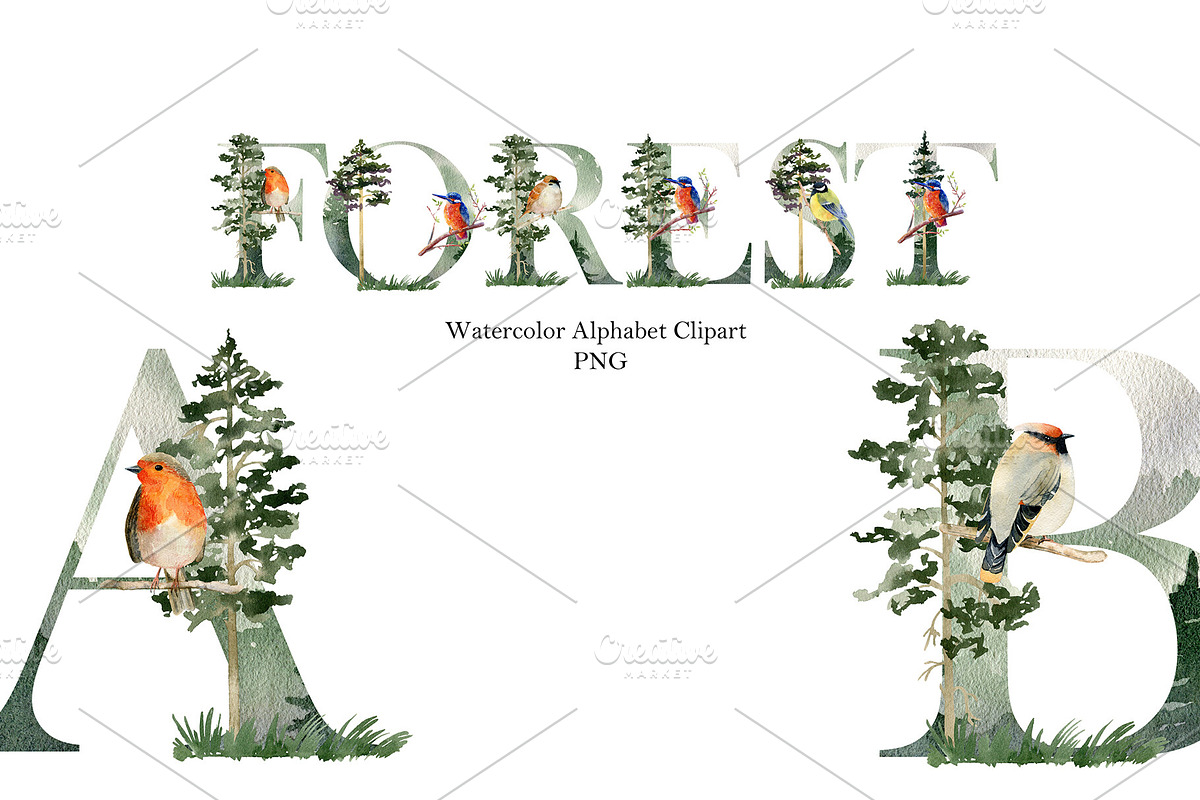 Watercolor forest alphabet., a Decorative Illustration by TaPilipa (Photo 1 of 4)