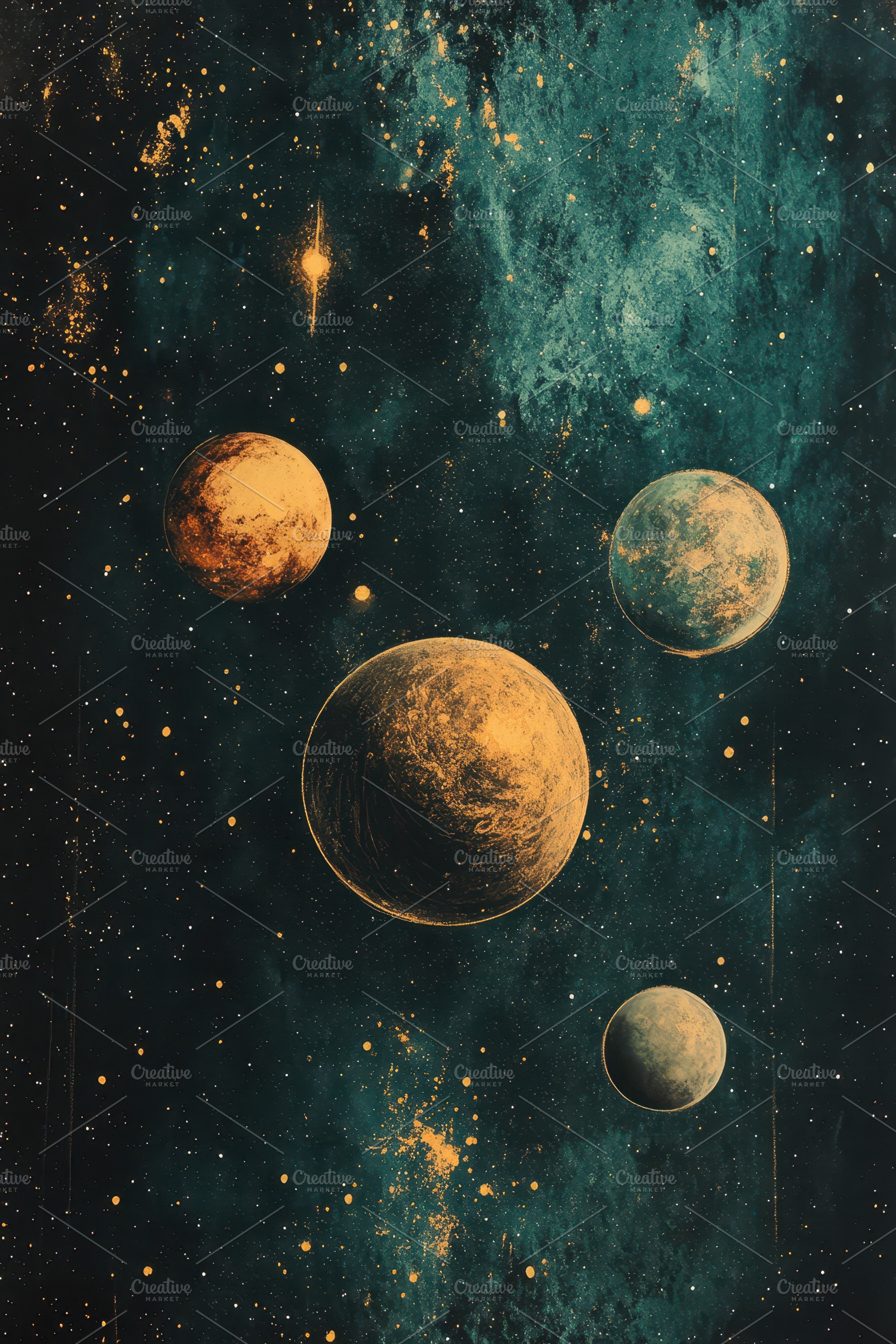 Celestial Bodies Gold Planets Dark S, an Abstract Photo by Pixeness Studio