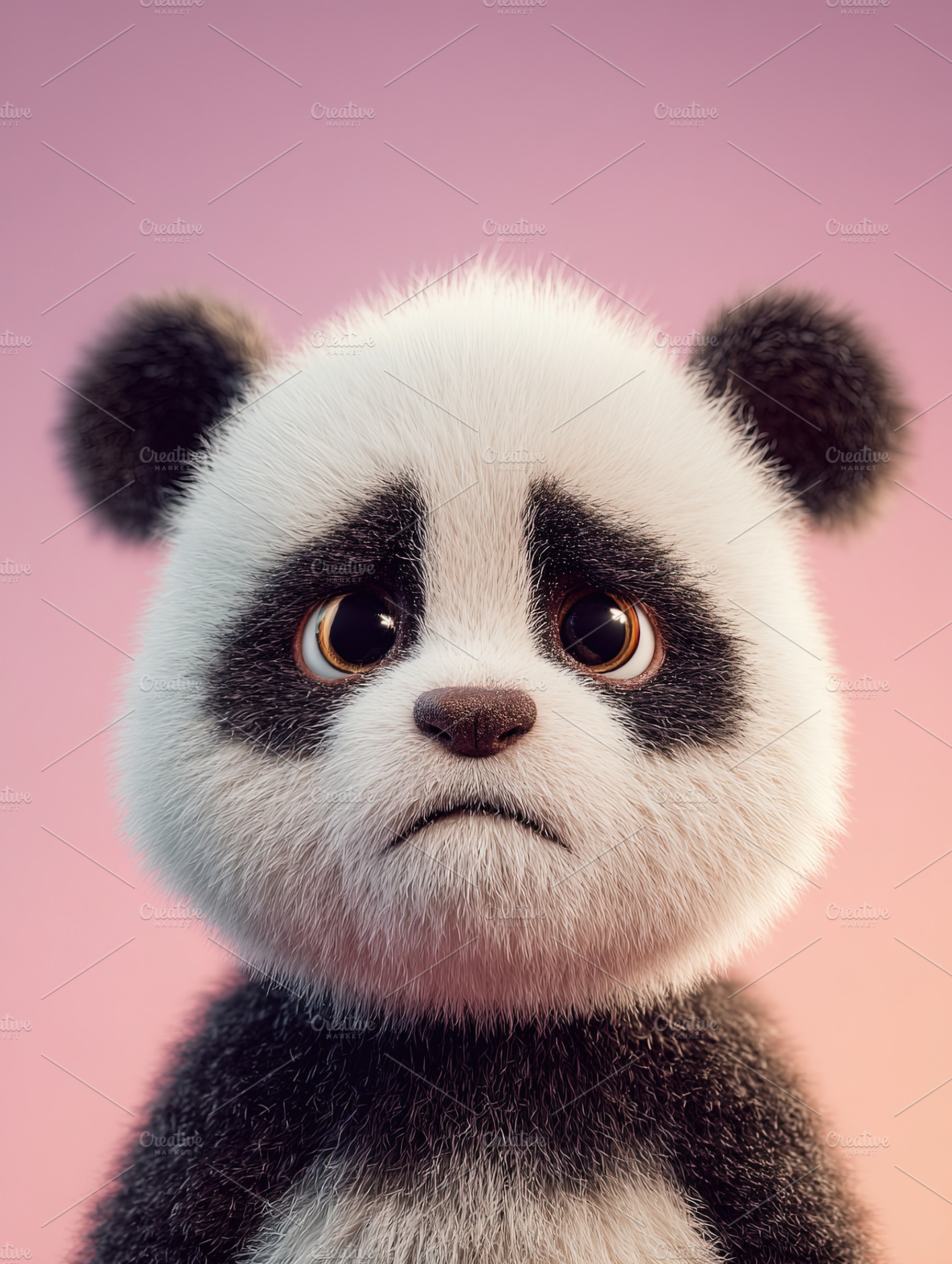 Adorable baby panda with a sad expression against a soft pink ba, an Animal Photo by Ales Munt