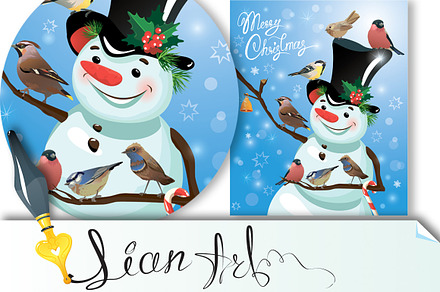 Card with funny snowman and birds, a Card Template by Lian-art