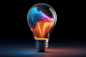 Vibrant light bulb bursting with colors in a dark background showcasing creativ, a Business Photo by AlyaAnd