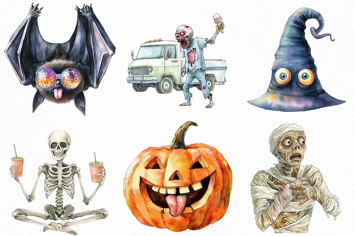 Watercolor Funny Halloween Clipart, an Illustration by Craft Nest (Photo 2 of 6)