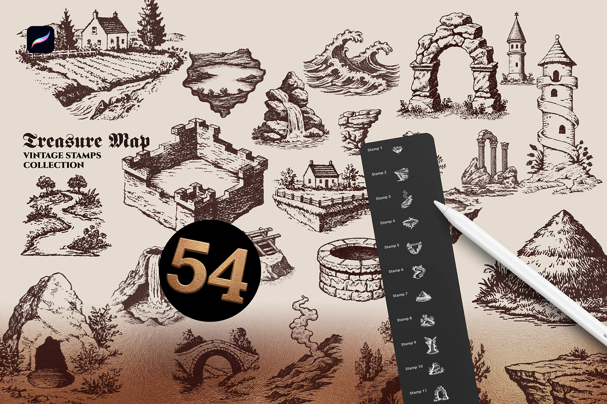 Treasure Map Procreate Brushes, a Shape Add-On by Spasibenko Art (Photo 8 of 13)