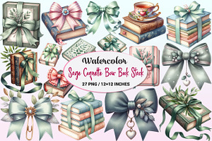 Sage Coquette Bow Book Stack Clipart, a Graphic by CitraGraphics