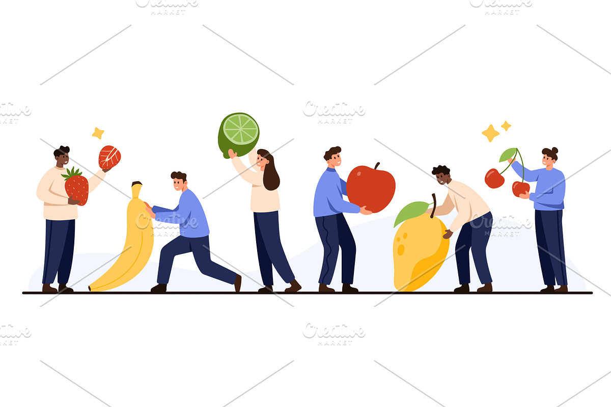 People Holding Giant Fruits and, a Food Illustration by Flashvector