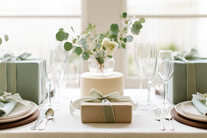 Table setting with elegant pale green gift boxes and eucalyptus, a Photo by Studio ANNA