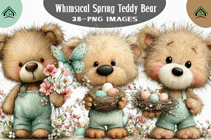 Whimsical Spring Teddy Bear Clipart, an Illustration by Craft Nest