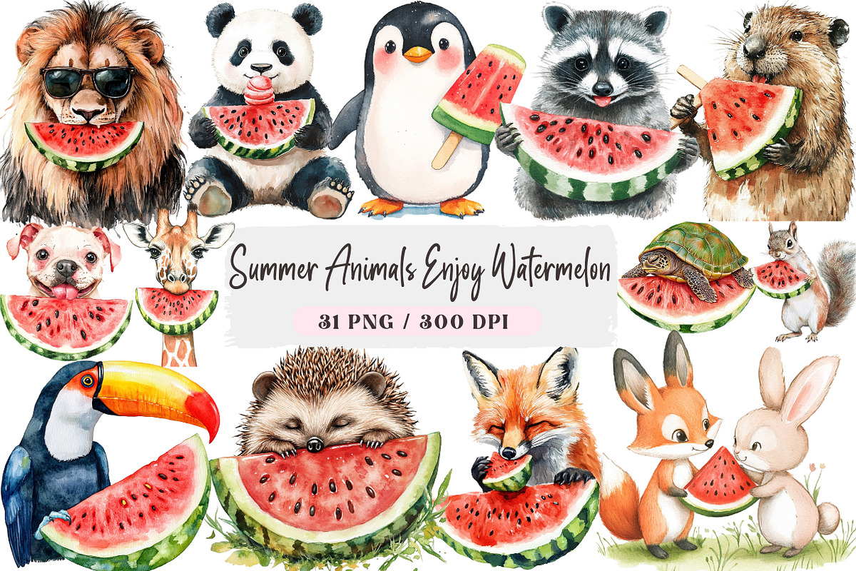 Summer Animals Enjoy Watermelon Clip, an Illustration by DreamArtGraphic (Photo 1 of 4)