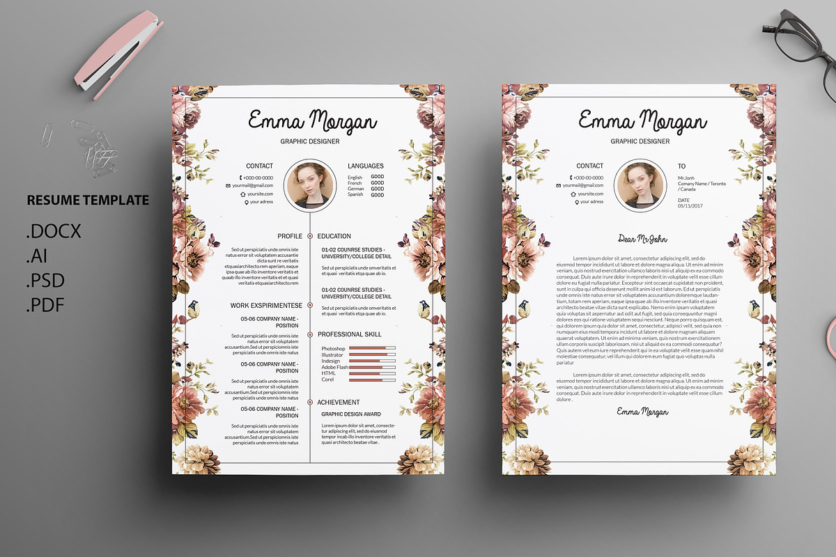 Floral side CV / Resume Template / M, a Resume Template by Showy68 Template (Photo 1 of 3)