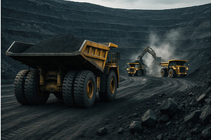 Large yellow dump trucks and an, an Illustration by Sergey Kotenev