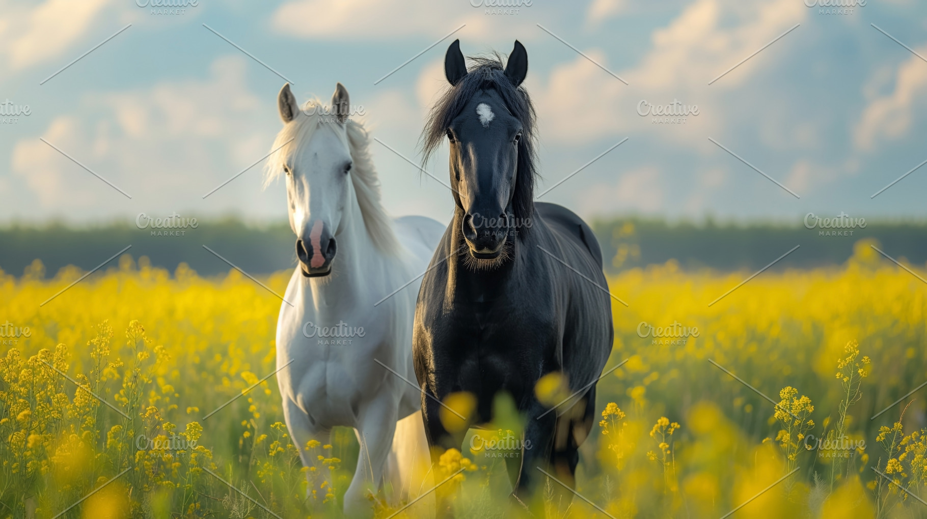 Two majestic horses, one white and one black, standing in a vibrant yellow flow, an Animal Photo by ImageMir