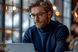 Thoughtful Caucasian male with glasses working on a laptop in a cozy coffee sho, a Person Photo by ImageMir