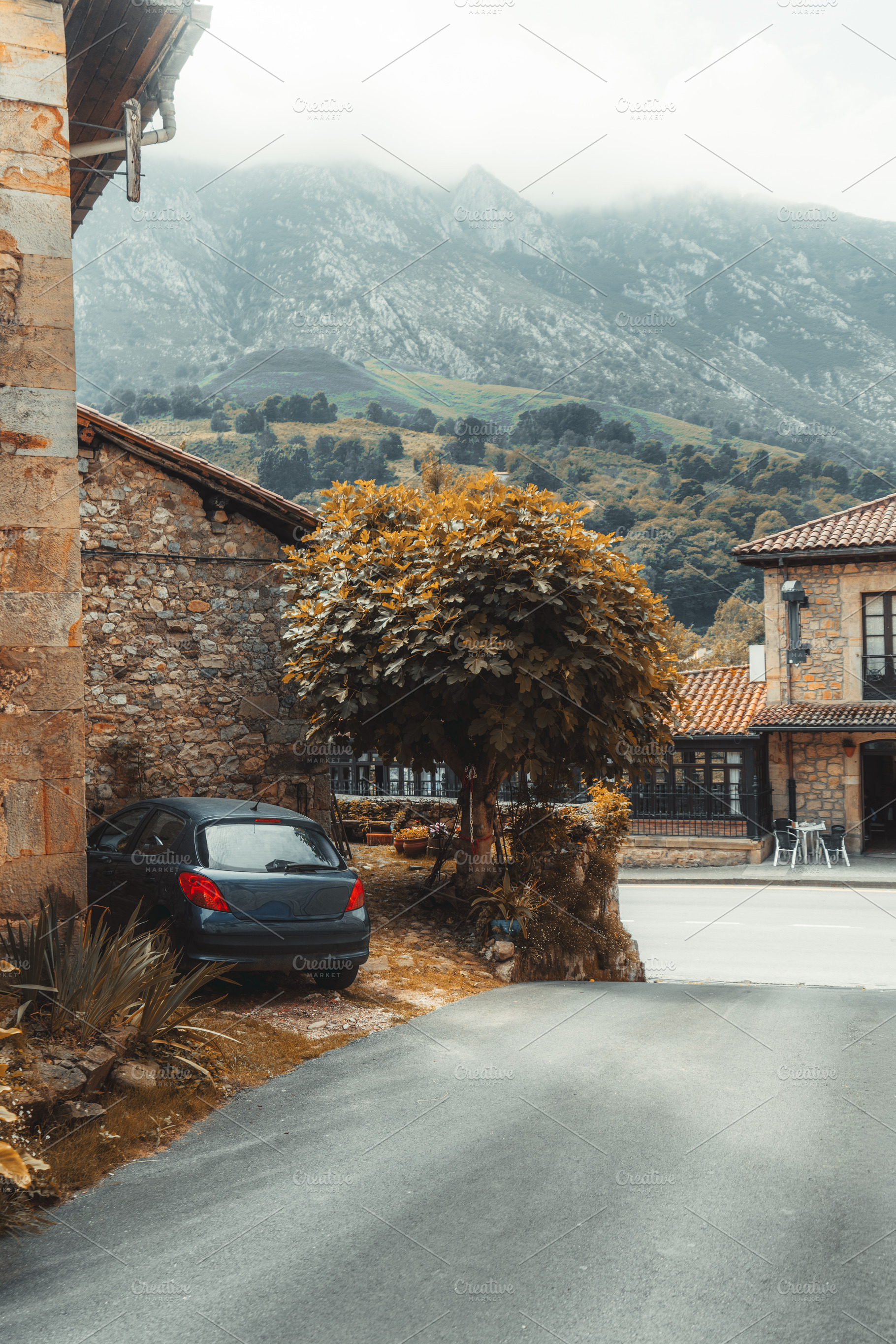 Village street near misty mountains, an Architecture Photo by SkyNext