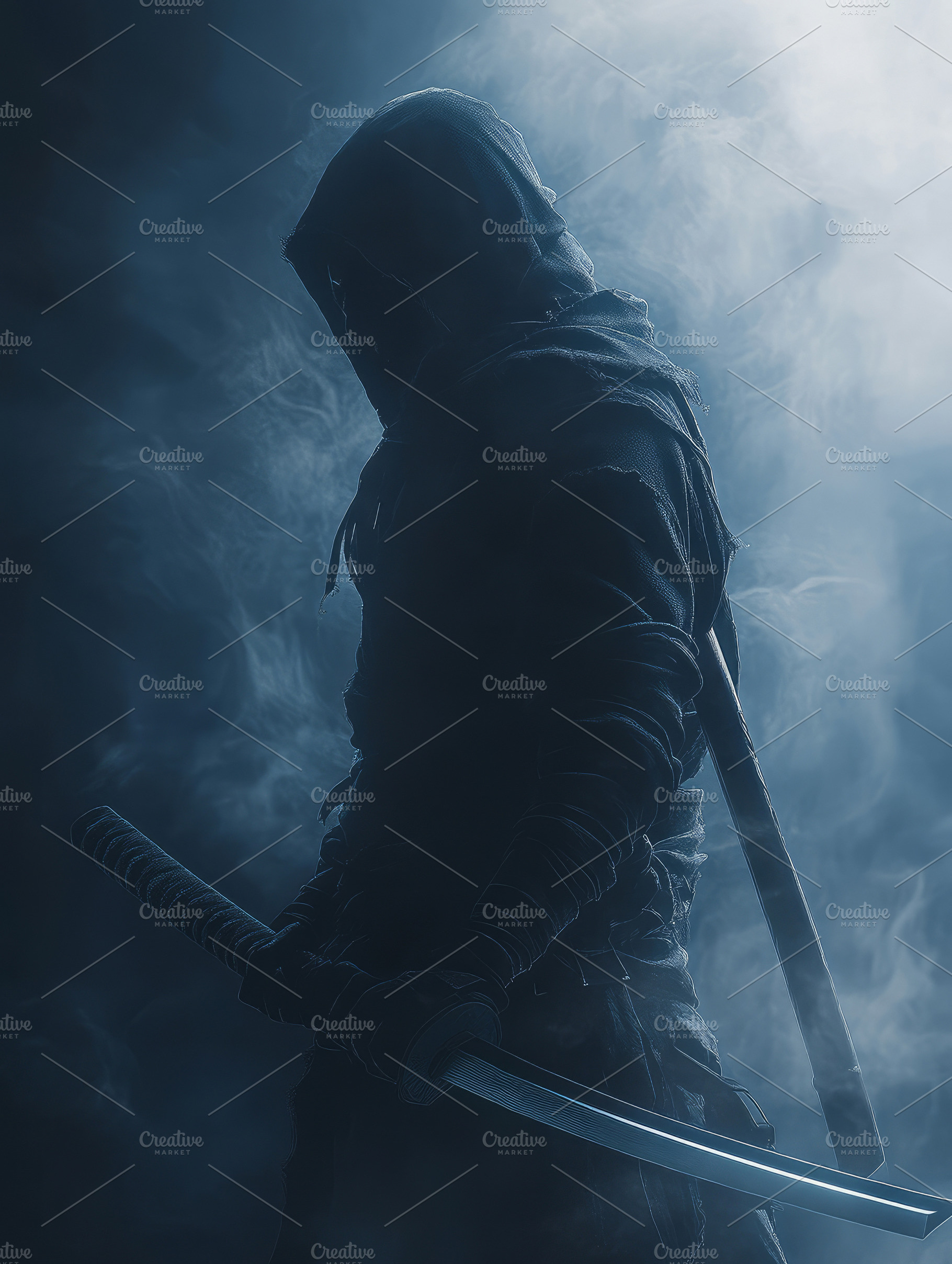 silhouette of samurai at night in fog, a Photo by Pictures for you!!!!!!!!!