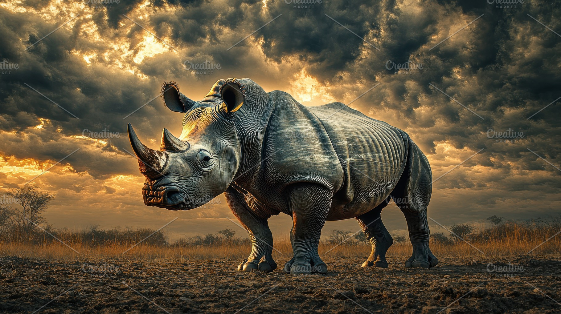 Rhino stands prominently in the fore, an Animal Photo by Pixeness Studio