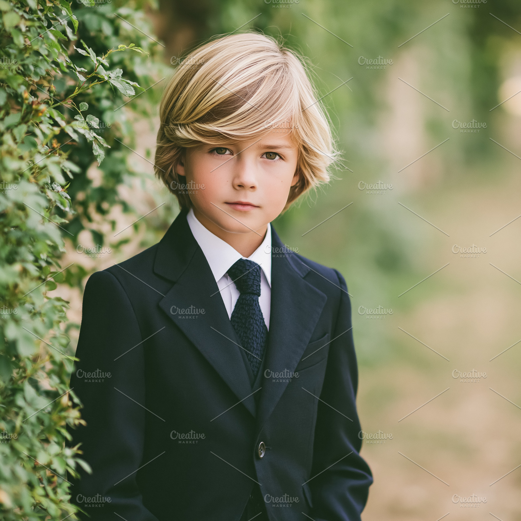 Young boy in a dark formal suit and tie posing outdoors, concept, a Person Photo by Studio ANNA