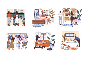 People cleaning home together set, a Person Illustration by PaperTrident