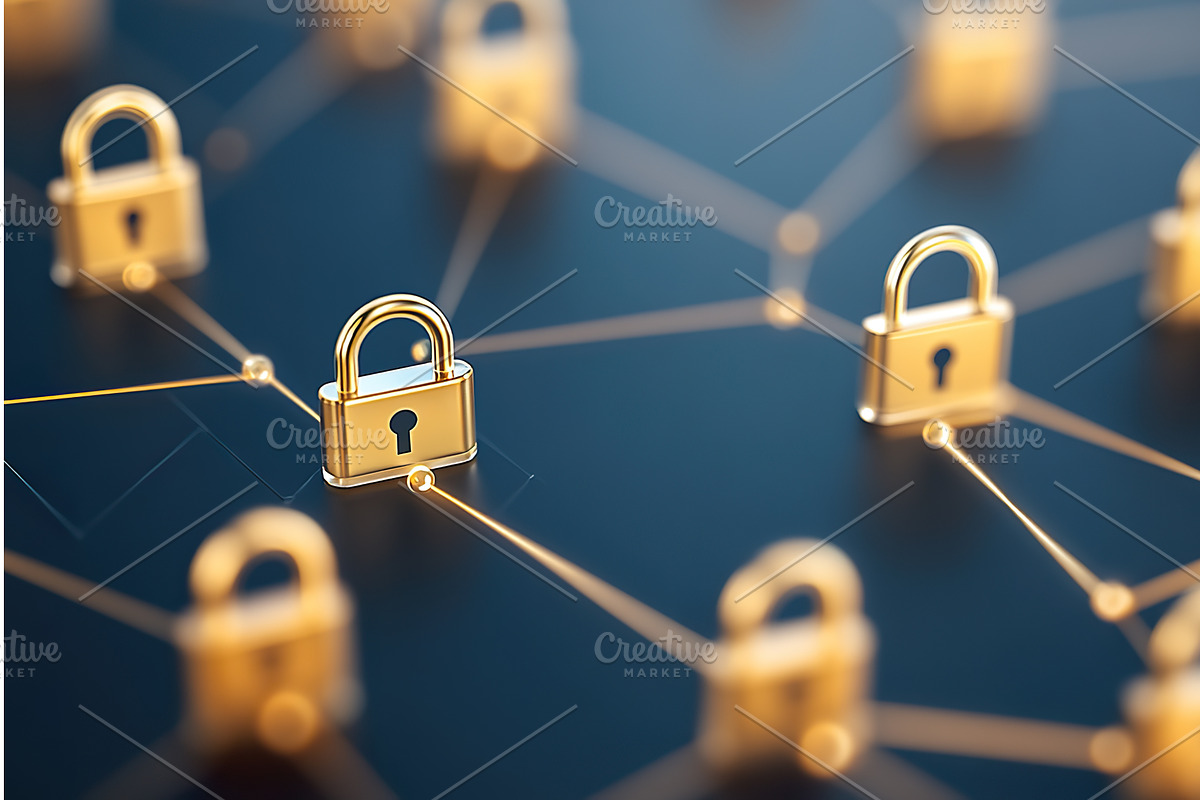 Golden Padlocks Linked by Light, a Technology Illustration by Lermont51
