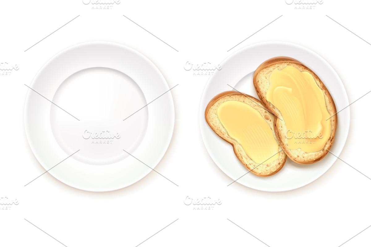 Realistic toast on plate. Butter, a Food Illustration by Stock-Smart-Start