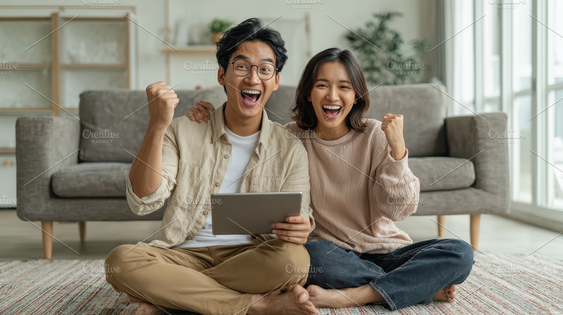 Happy couple celebrating success on, a Photo by Pixeness Studio
