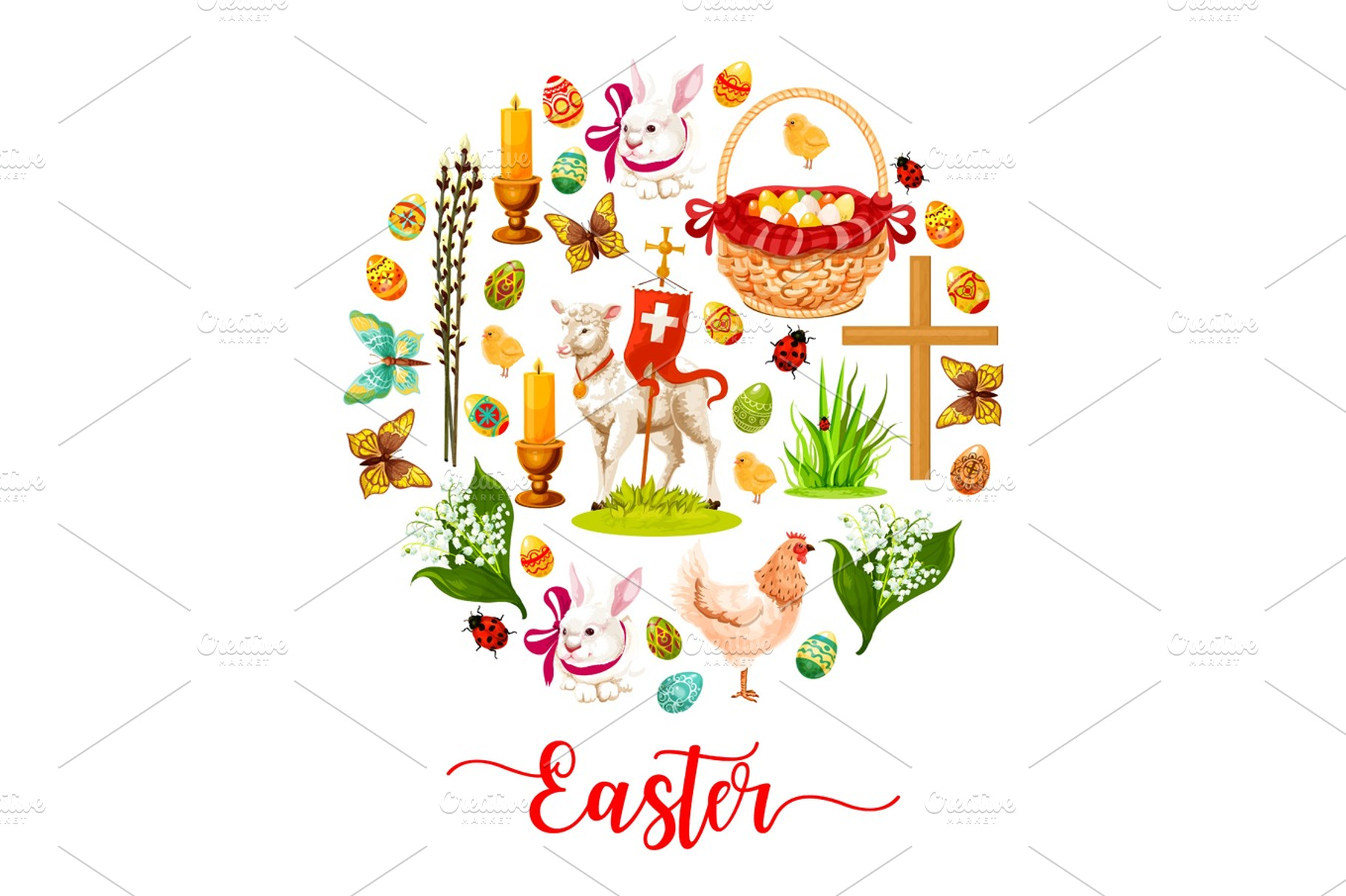 Easter round poster with holiday symbols, a Holiday Photo by Vector Tradition