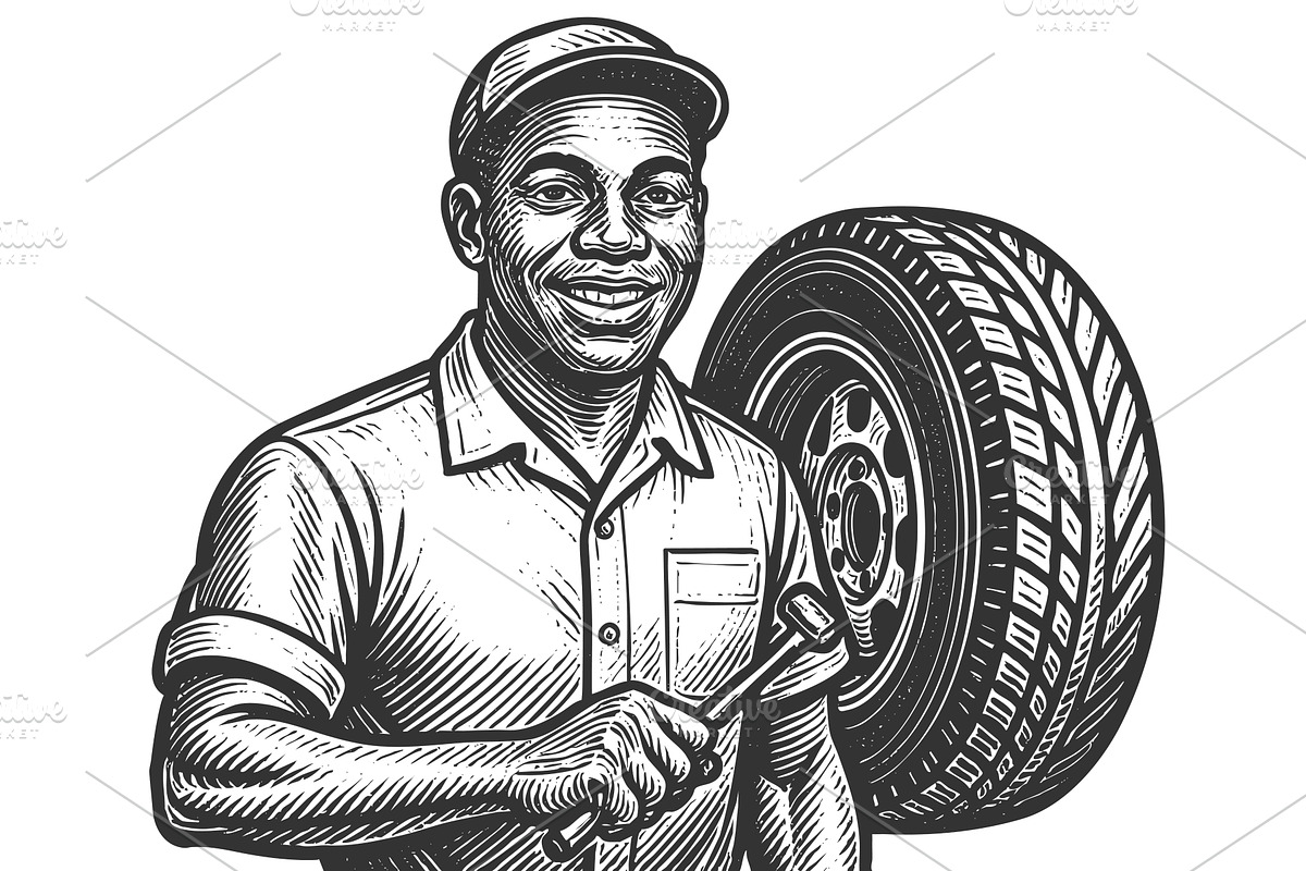 Tire Technician Mechanic Holding Car, a Person Illustration by AlexArt