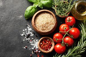 Fresh vegetables and grains for healthy cooking, a Food & Drink Photo by AlyaAnd