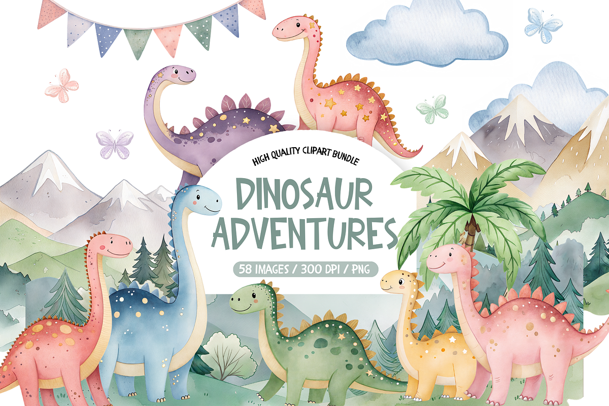 Watercolor Dinosaur Adventure Set, an Illustration by TatiMockup (Photo 1 of 7)