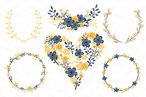 Navy & Yellow Floral Heart Clipart