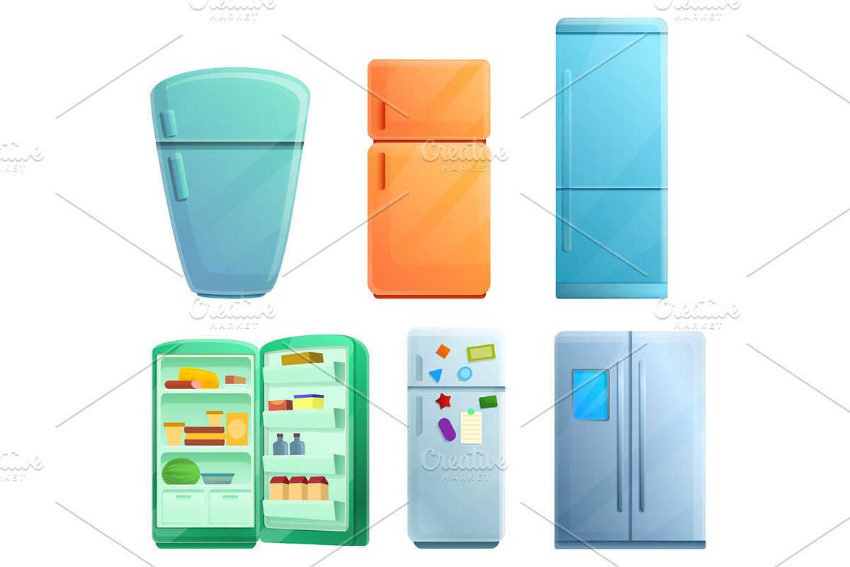 Fridge icons set, cartoon style, a Food Illustration by Ylivdesign