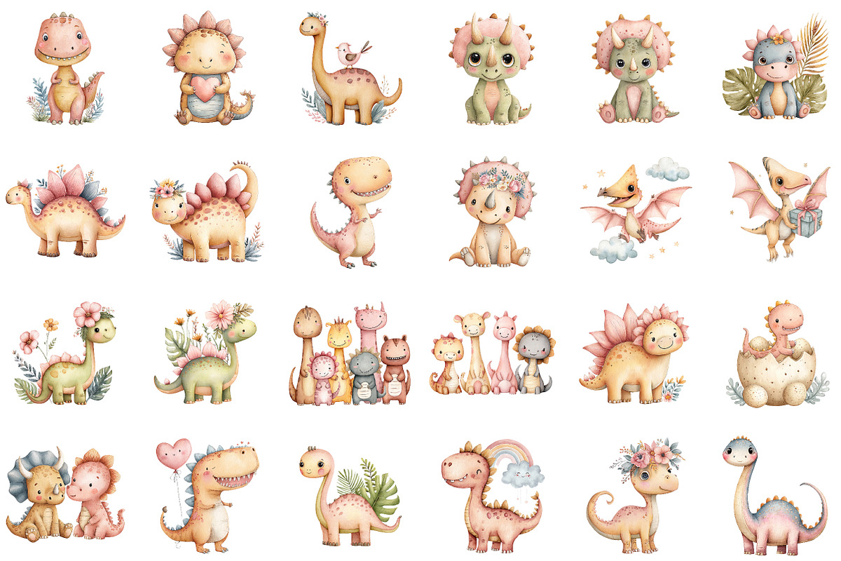 Watercolor Cute Dinosaurs Clipart, an Illustration by Sublimation Artist (Photo 2 of 6)