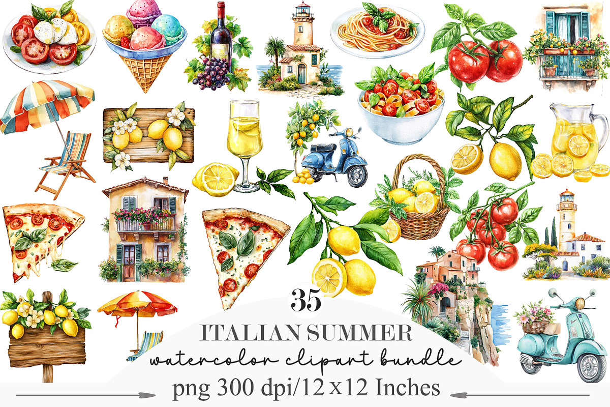 Watercolor Italian Summer Clipart, an Illustration by Designking (Photo 1 of 5)