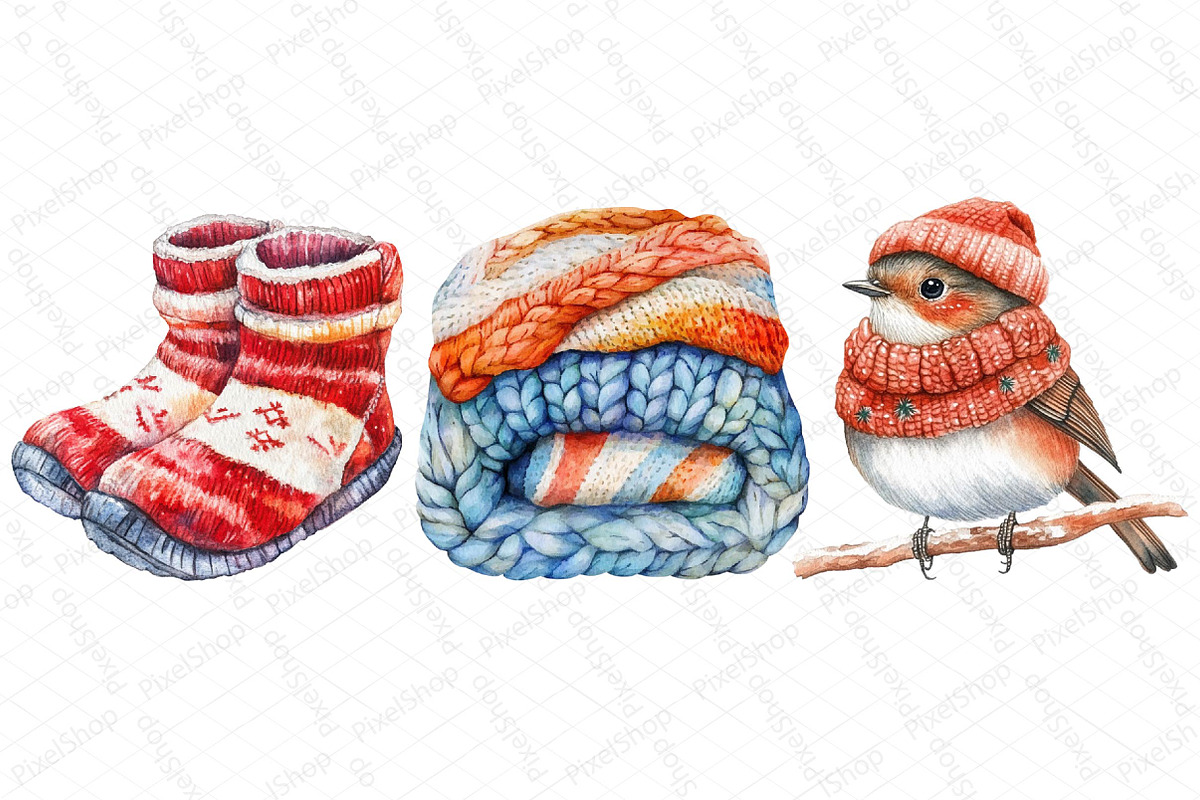 Watercolor Christmas Knitted Clipart, an Illustration by DreamPrint404 (Photo 6 of 6)