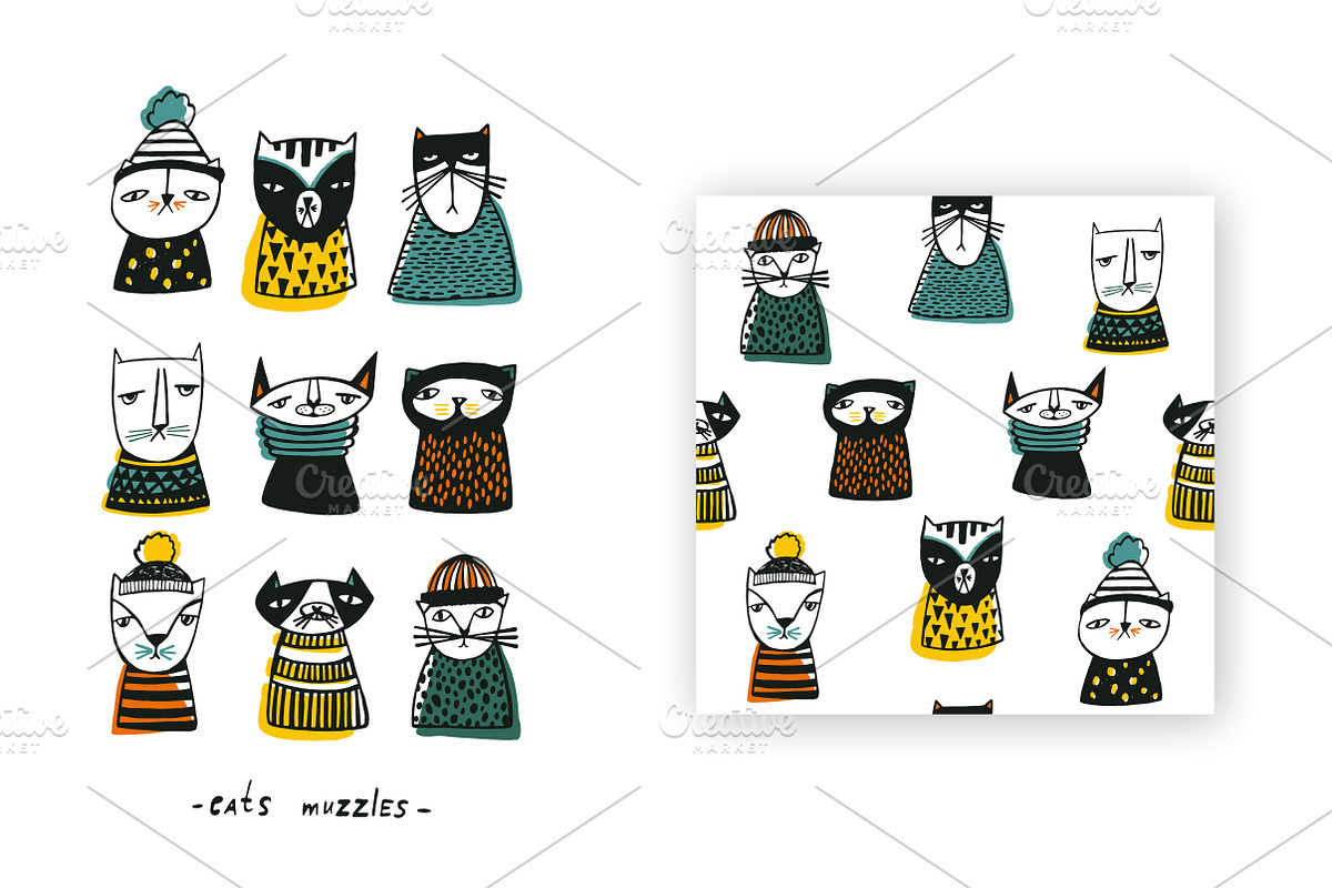 Vector set. Cats muzzles and pattern, a Pattern Graphic by Good Studio (Photo 3 of 5)
