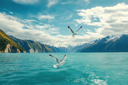 Seagulls soar over the tranquil turq, a Photo by Iftikhar Alam