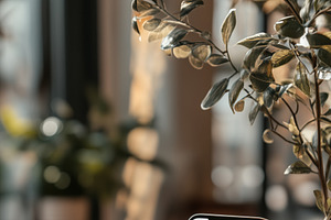 A cozy café scene featuring a smartphone iPhone mockup with a blank screen, a, an iPhone Mockup by Textures & Backgrounds