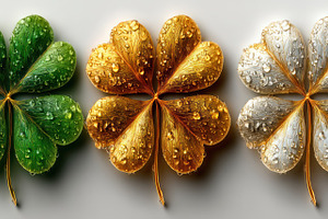 Three detailed four leaf clovers in green gold and silver with w, a Nature Photo by José Manuel Gelpi